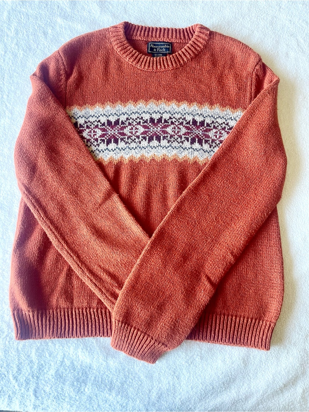 Abercrombie & Fitch Rust Crewneck Sweater with Fair Isle Stripe